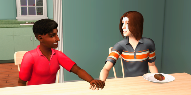 Ripp and not-Ricky holding hands at a table