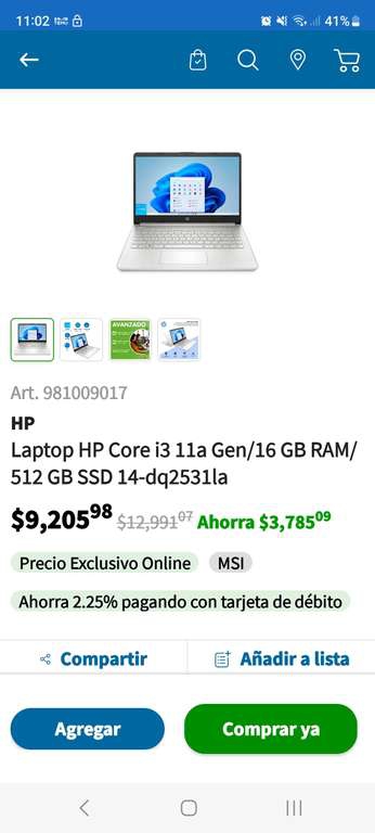 Sam's Club: LapTop Hp Core i3 11gen, 16gb ram 512ssd