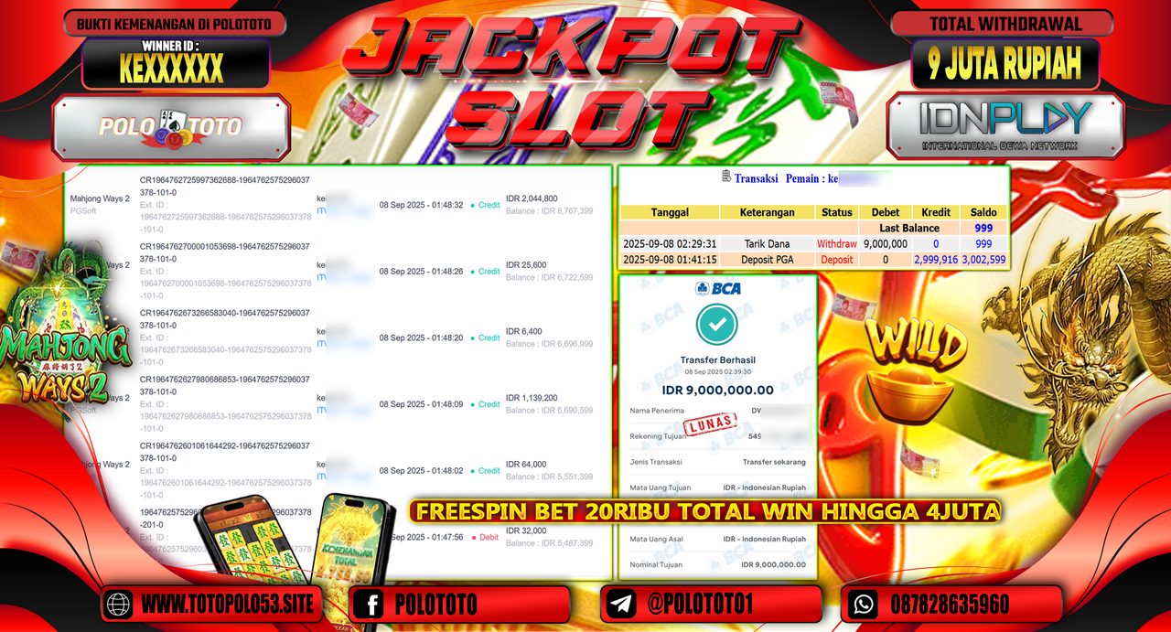 POLOTOTO JACKPOT SLOT MAHJONG WAYS 2 Rp.9.000.000,-