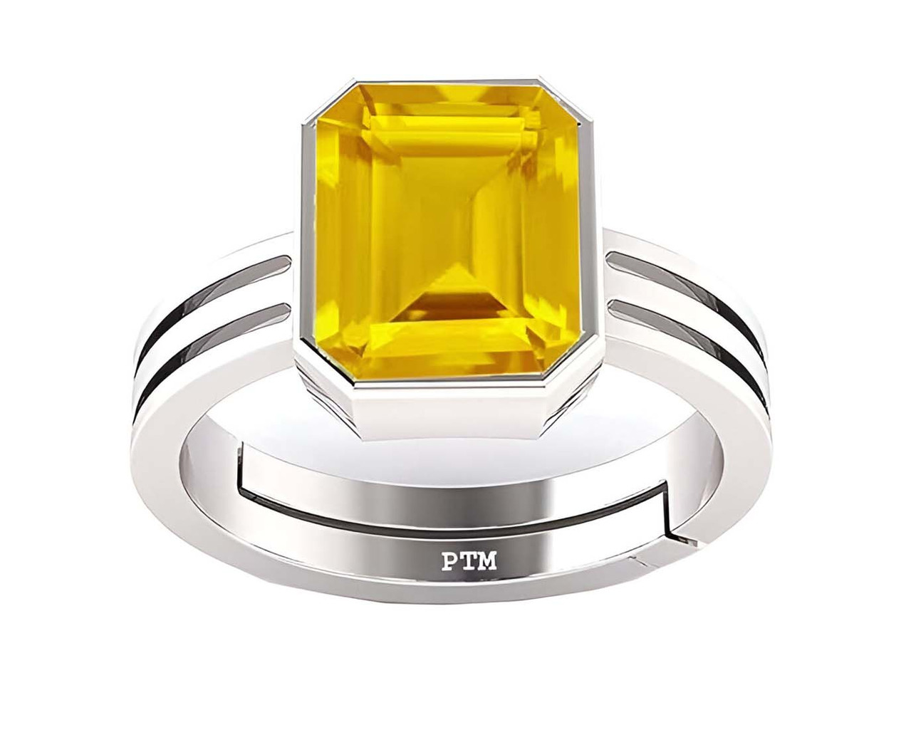 PTM 925 Sterling Silver Yellow Sapphire (Pukhraj) 3.25 to 10.25 Ratti or 3.00 to 9.50 carat Astrological Gemstone Bis Hallmark Adjustable Ring for Men & Women