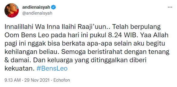 Andien Aisyah ucap belasungkawa atas kepergian Bens Leo.