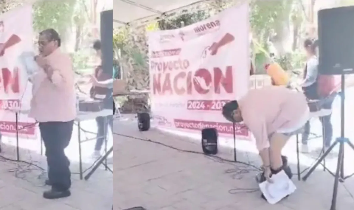 Se le caen los pantalones a diputado de Morena en pleno mitin: viral