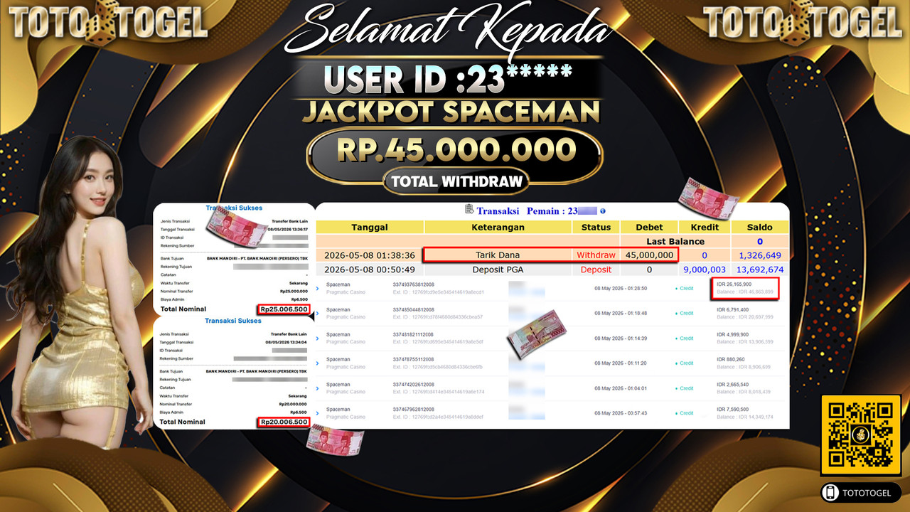 Bukti Pembayaran Jackpot Permainan Live Game Spaceman ID:23*****LUNAS