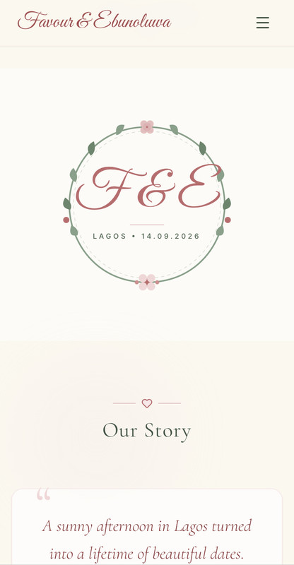 Favour and Ebunoluwa wedding celebration site showing couple timeline and online guest RSVP