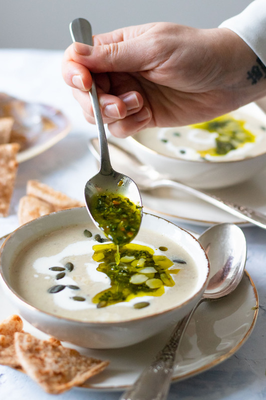 Roasted parsnip and cauliflower soup with Cavolo Nero pesto