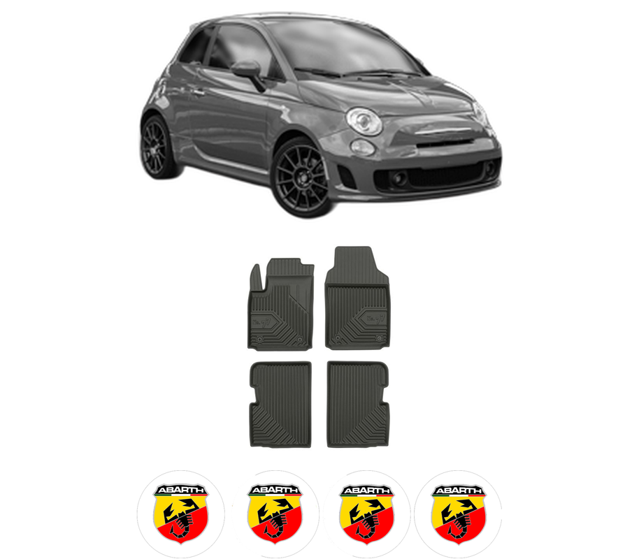 Set covorase presuri ABARTH 500 / 595 / 695 din 2008-2016, auto, din cauciuc thermoplastic, 4 Stickere auto cu ABARTH