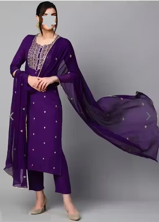 Kala Women's Violet Cotton Blend Embroidered Straight Kurta With Trouser & Dupatta Color 1 (KS149)