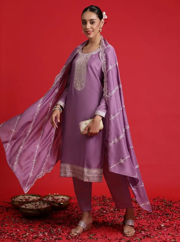 INDO ERA Women's Embroidered Silk Blend Calf Length Straight Kurta Trouser with Dupatta Set