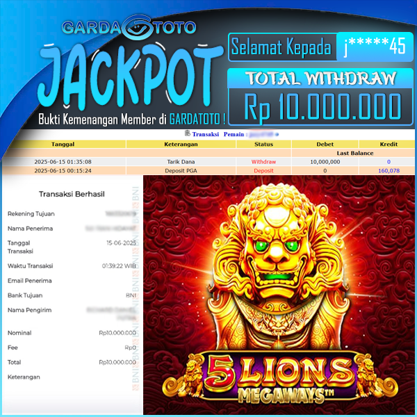 JACKPOT SLOT MAIN DI SLOT 5 LIONS MEGAWAYS WD Rp 10.000.000,- DIBAYAR LUNAS GARDATOTO MANTAP 