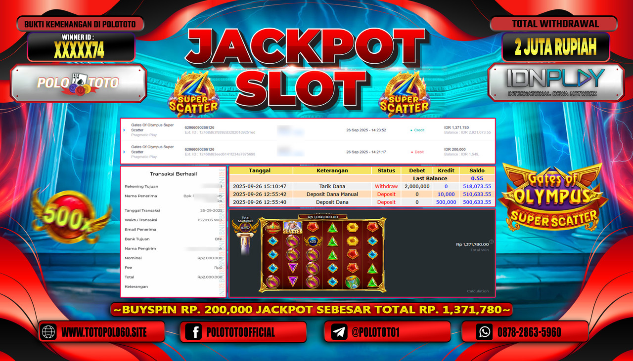 POLOTOTO JACKPOT SLOT GATES OF OLYMPUS SUPER SCATTER Rp.2.000.000,- LUNAS