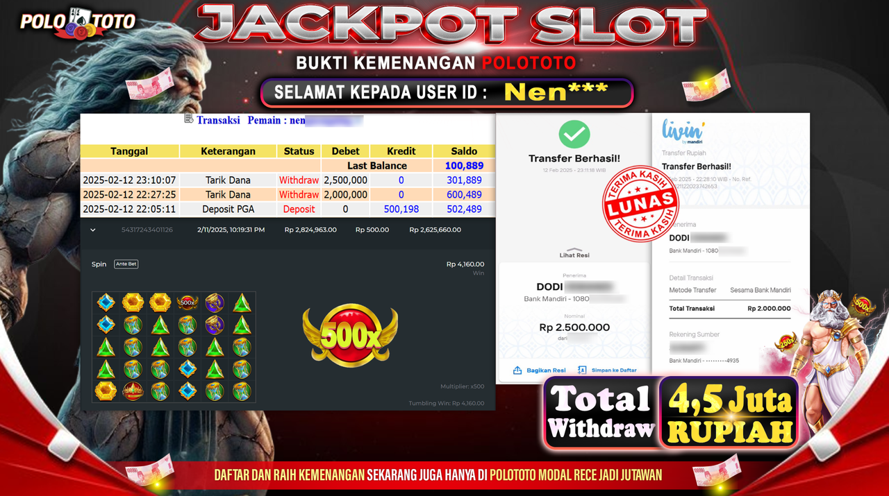 POLOTOTO JACKPOT SLOT GATES OF OLYMPUS Rp.4.500.000,-