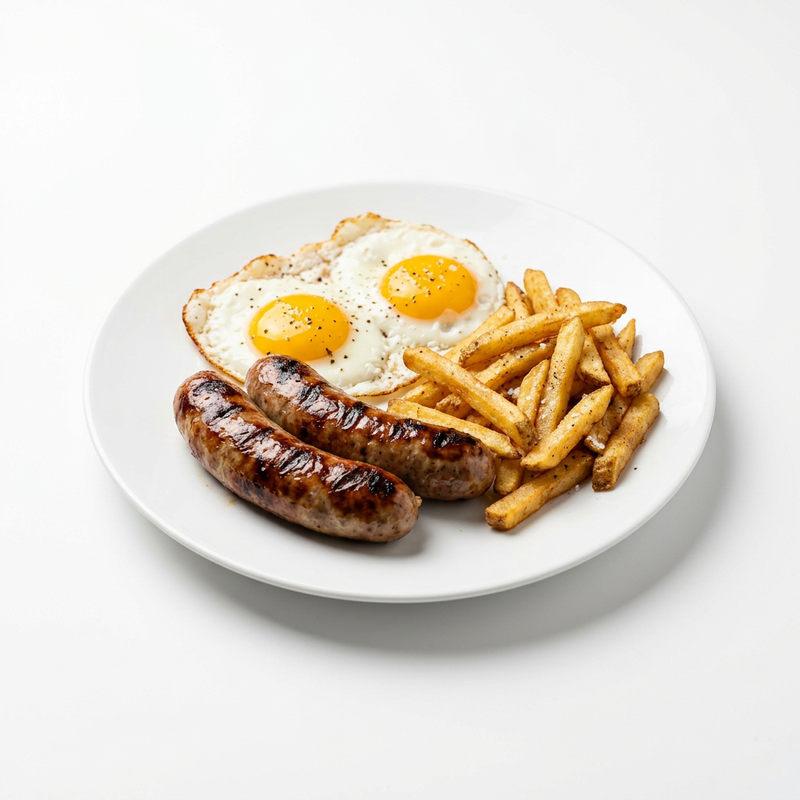 Salchichas Con 2 Huevos Y Patatas Fritas