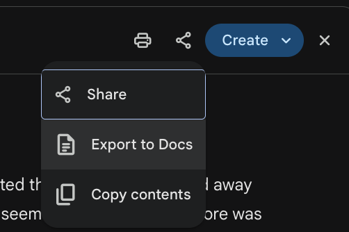 Gemini Canvas export menu showing the option to export to Google Docs