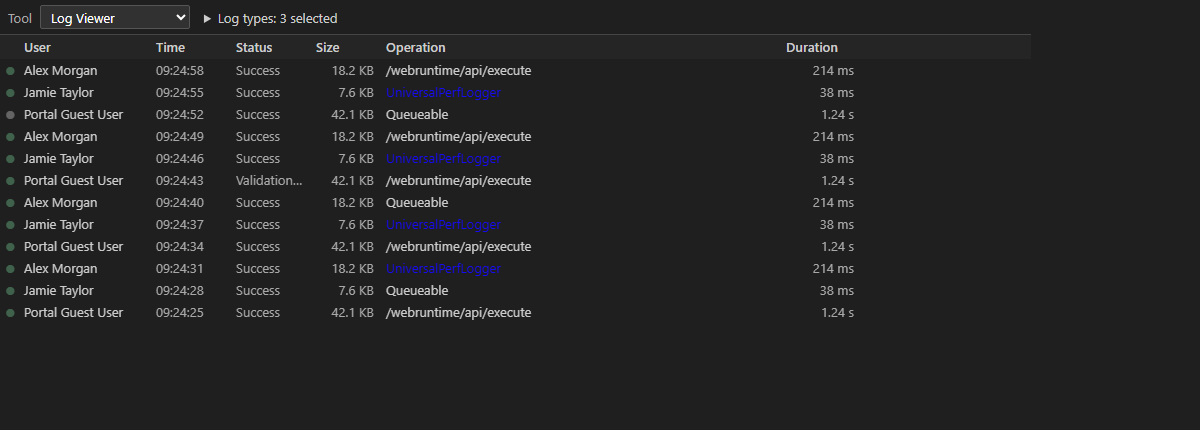 Log Viewer showing sample users, operations, log durations, and three selected log types