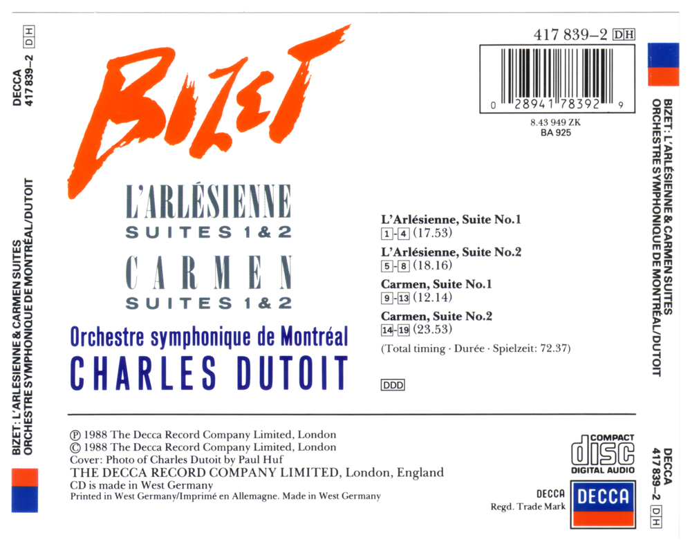 Bizet - L'Arlesienne & Carmen Suites (Dutoit) - Back