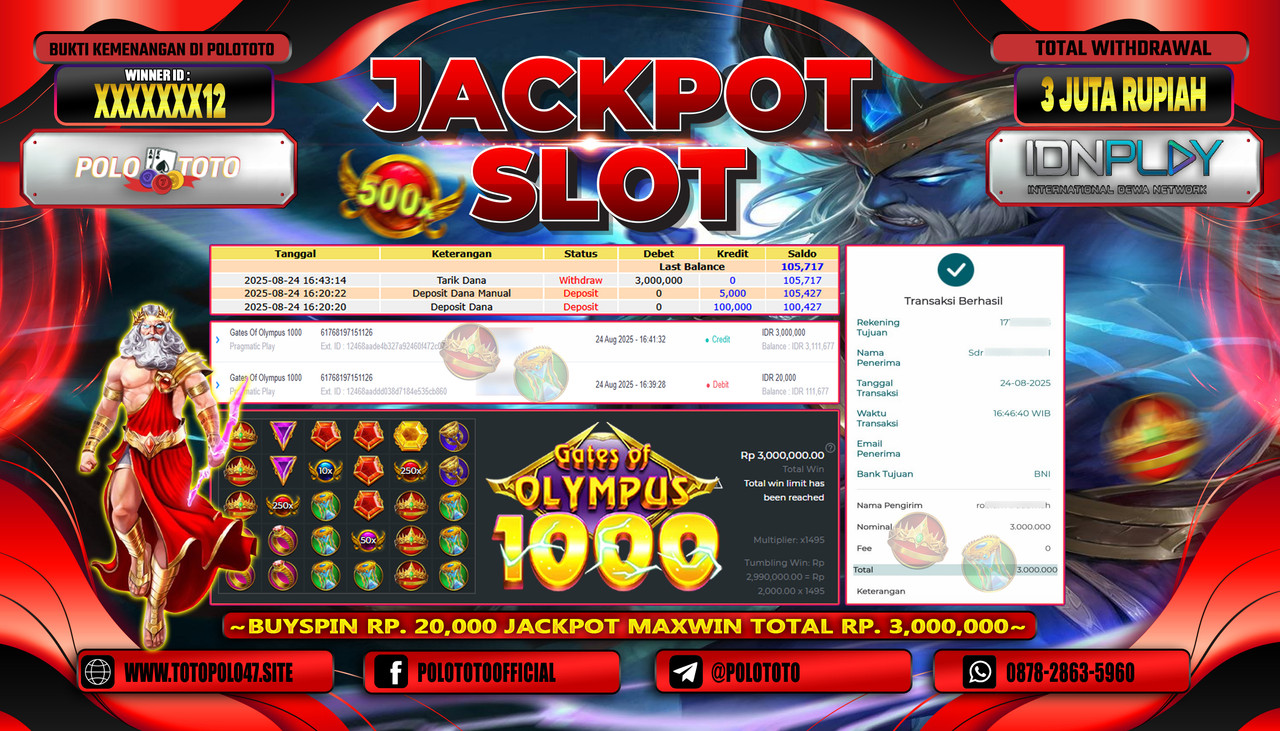 POLOTOTO JACKPOT SLOT GATES OF OLYMPUS 1000 Rp.3.000.000,- LUNAS