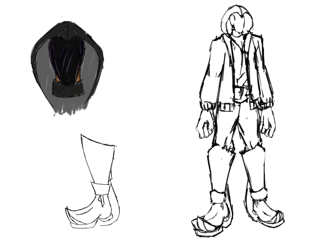 (A sketch of the Masked Menace, with a frontal shot of his head, and a sideview close-up of his boots.of his 