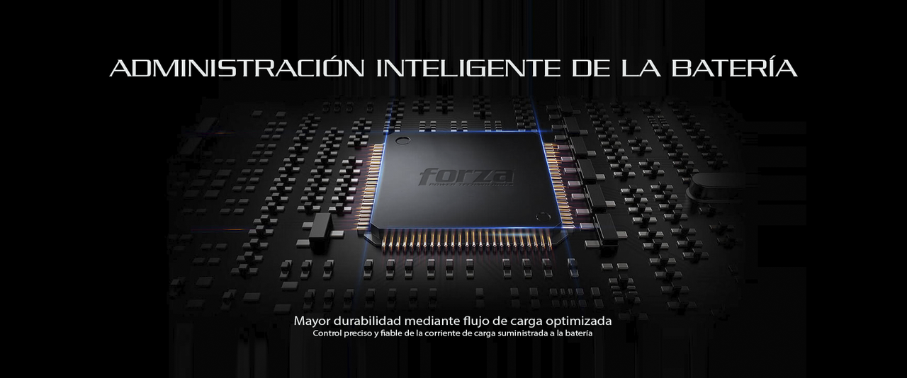 Pantalla LCD del UPS Forza mostrando el estado del sistema.
