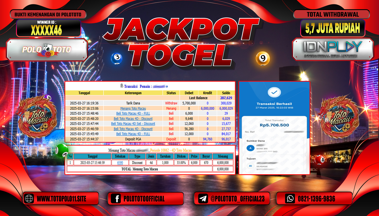 POLOTOTO JACKPOT TOGEL TOTOMACAU 4D Rp.5.700.000,- LUNAS