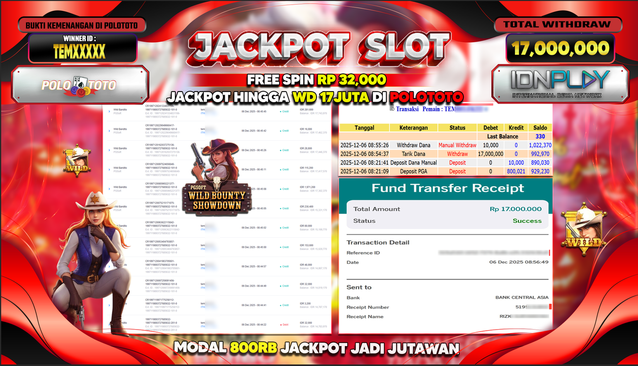 POLOTOTO JACKPOT SLOT WILD BOUNTHY SHOWDOWN Rp.17.000.000,- LUNAS