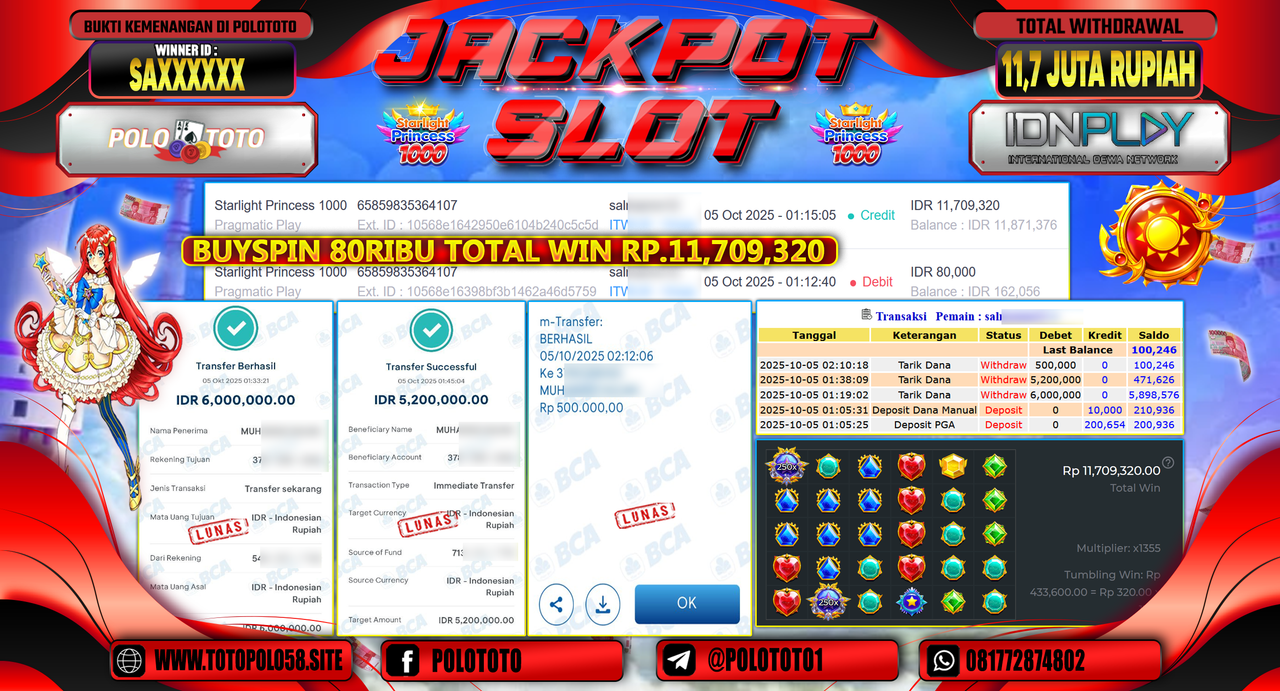 POLOTOTO JACKPOT SLOT STARLIGHT PRINCESS 1000 Rp.11.700.000,- LUNAS