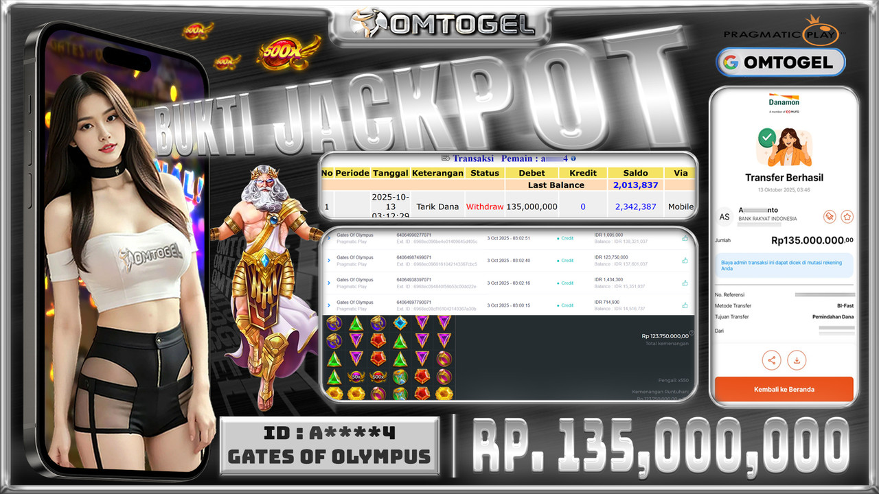 OMTOGEL JACKPOT PRAGMATIC PLAY GATES OF OLYMPUS 135 JUTA DI BAYAR LUNAS ,-