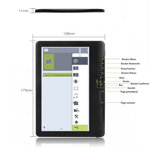 LINFE Liseuse 7 pouces ecran haute definition 800 480 ecran TFT interface USB 512 Mo de RAM 4 Go de