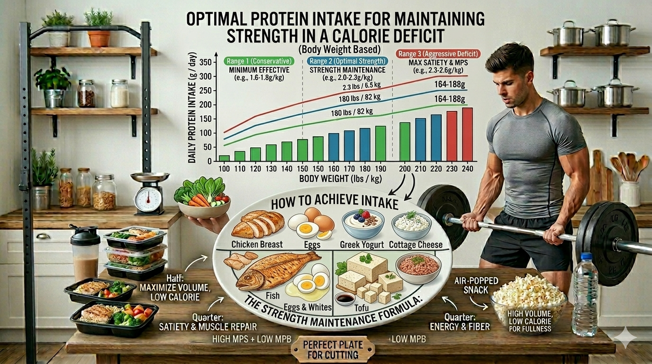 Lean protein sources including chicken breast, fish, eggs, Greek yogurt, and tofu for maintaining strength while in a calorie deficit