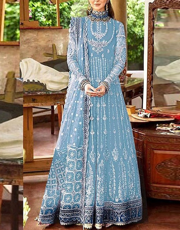 Luxury Handwork Heavy Embroidered Net Bridal Light Blue Maxi Dress