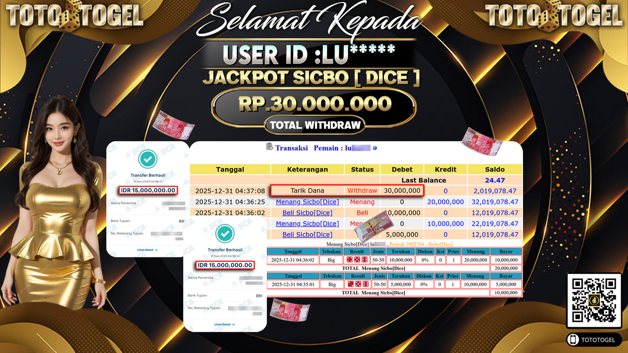 Bukti Pembayaran Jackpot Permainan Live Game Sicbo [ Dice ] ID:LU**** LUNAS