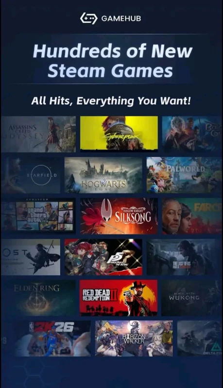 Steam library interface in GameHub showing available games