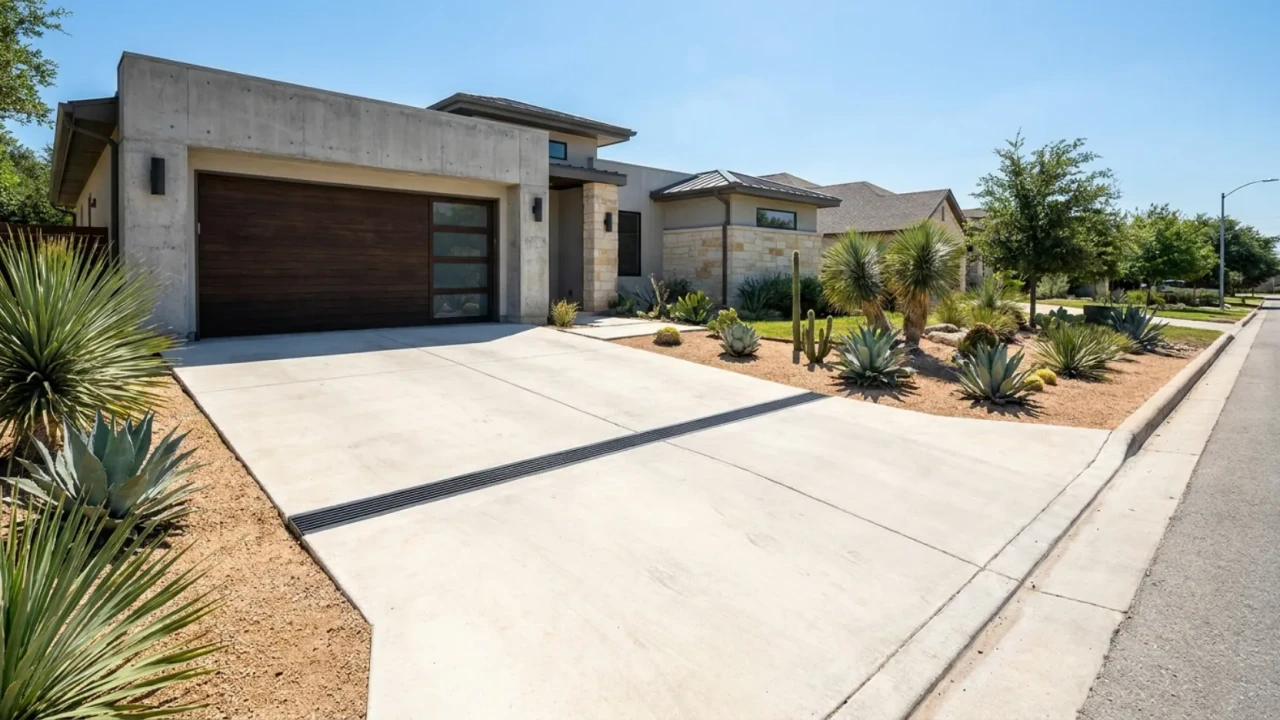 Concrete driveway with trench drain and proper slope San Antonio