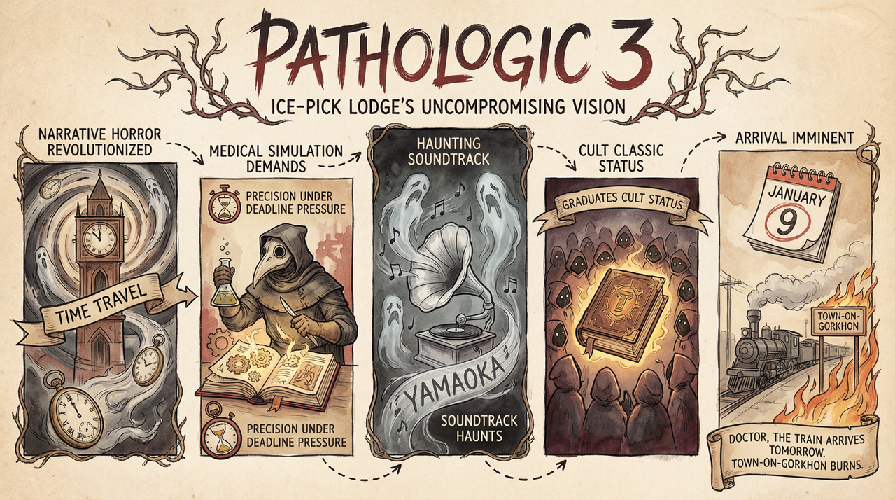 Pathologic 3 Drops Tomorrow: The Plague Doctor's Impossible 12-Day Challenge 1 Surreal plague doctor mask in foggy abandoned town
