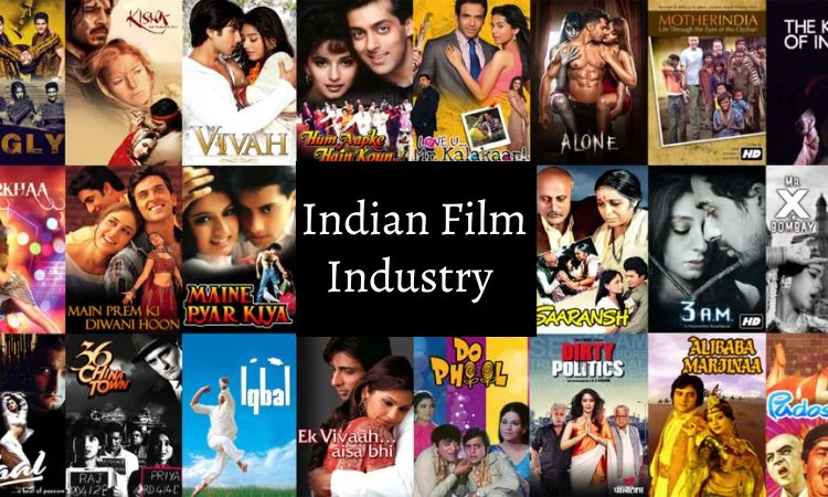 Vibrant scene from the Indian film industry showcasing actors and sets