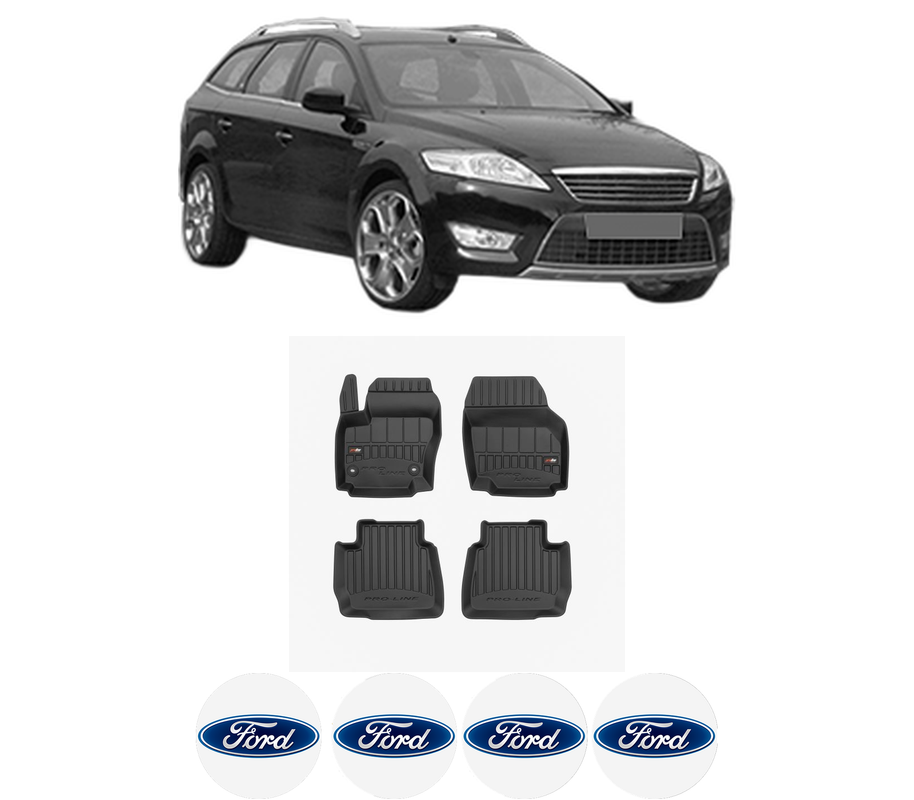 Set covorase presuri FORD MONDEO IV din 2021, auto, din cauciuc thermoplastic, 4 Stickere auto cu FORD