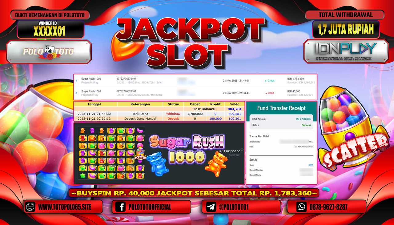 POLOTOTO JACKPOT SLOT SUGAR RUSH 1000 Rp.1.700.000,- LUNAS