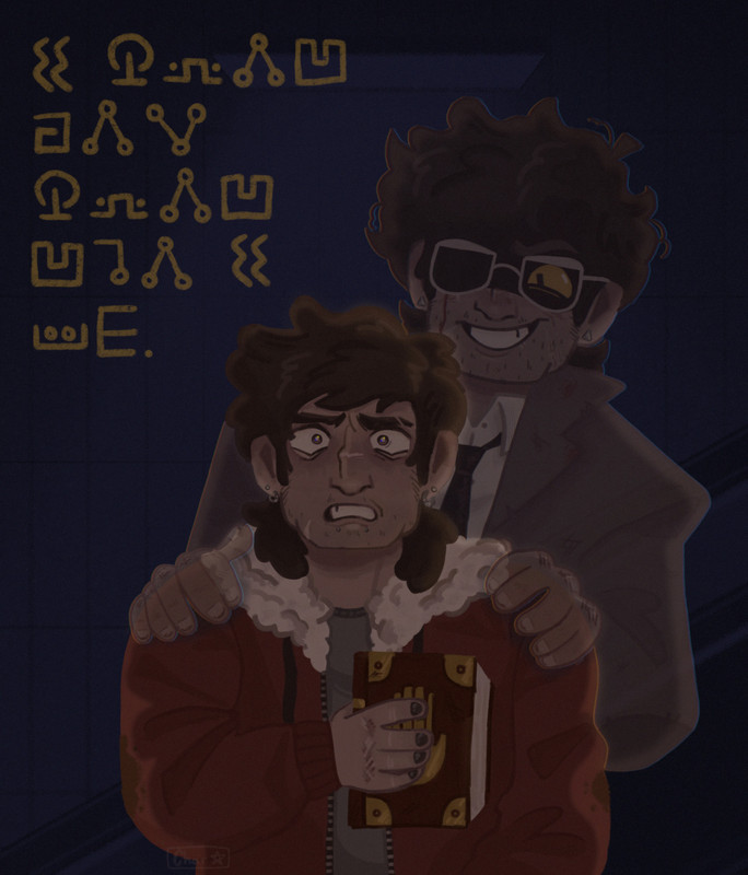 A digital drawing of Stanley and Stanford Pines from Gravity Falls. Ford, possessed by Bill, looms over Stan with his hands on his brother's shoulders, looking down at him with a devilish grin. Stan, holding Ford's journal, looks at the viewer with a terrified expression, as if looking in a mirror and seeing Ford standing behind him. Text, in code, reads: I know you know who I am.