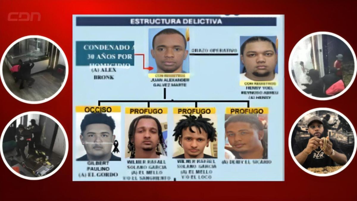 Gráfico de estructura delictiva de CDN que muestra fotos de lo involucrados en el asalto a joyeria