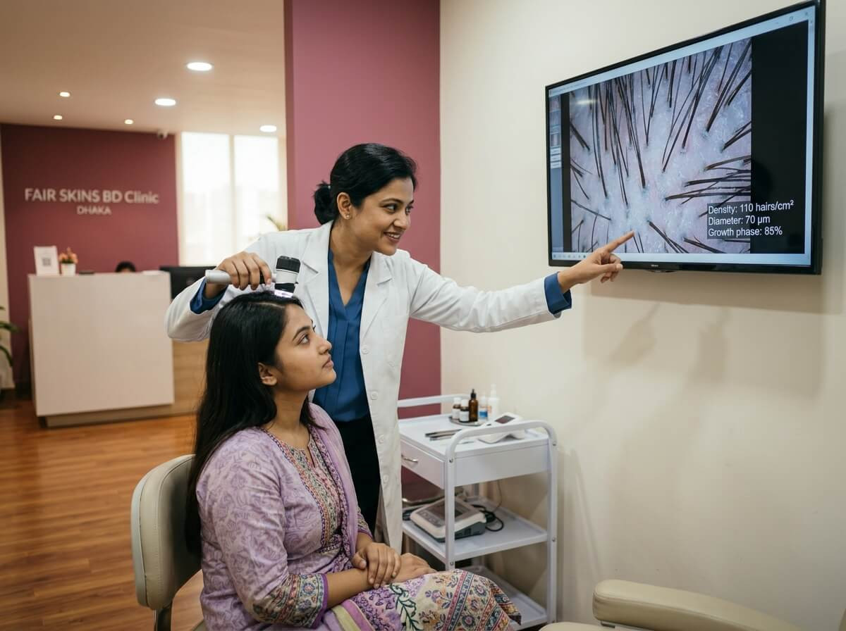 Doctor examining patient scalp density using trichoscope at Fair Skins BD Dhaka clinic