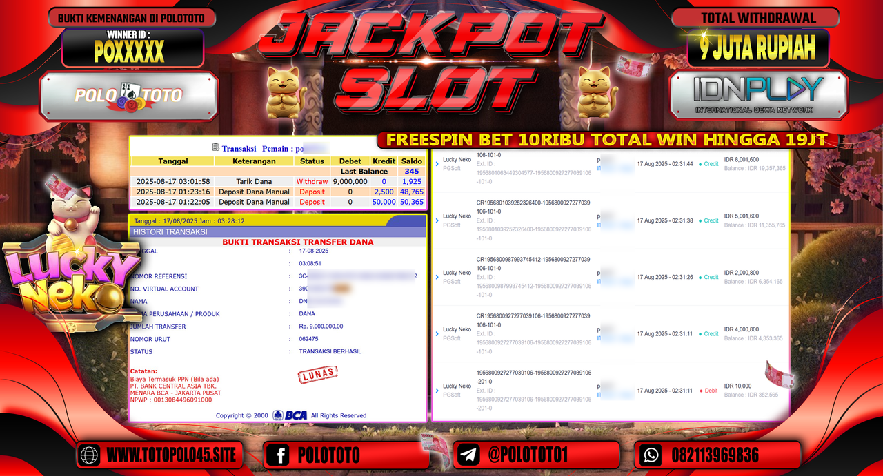 POLOTOTO JACKPOT SLOT LUCKY NEKO Rp.9.000.000,-
