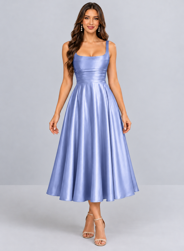 A-Line Satin Square Neck Pleated Midi Prom Dress with Lace-Up Back