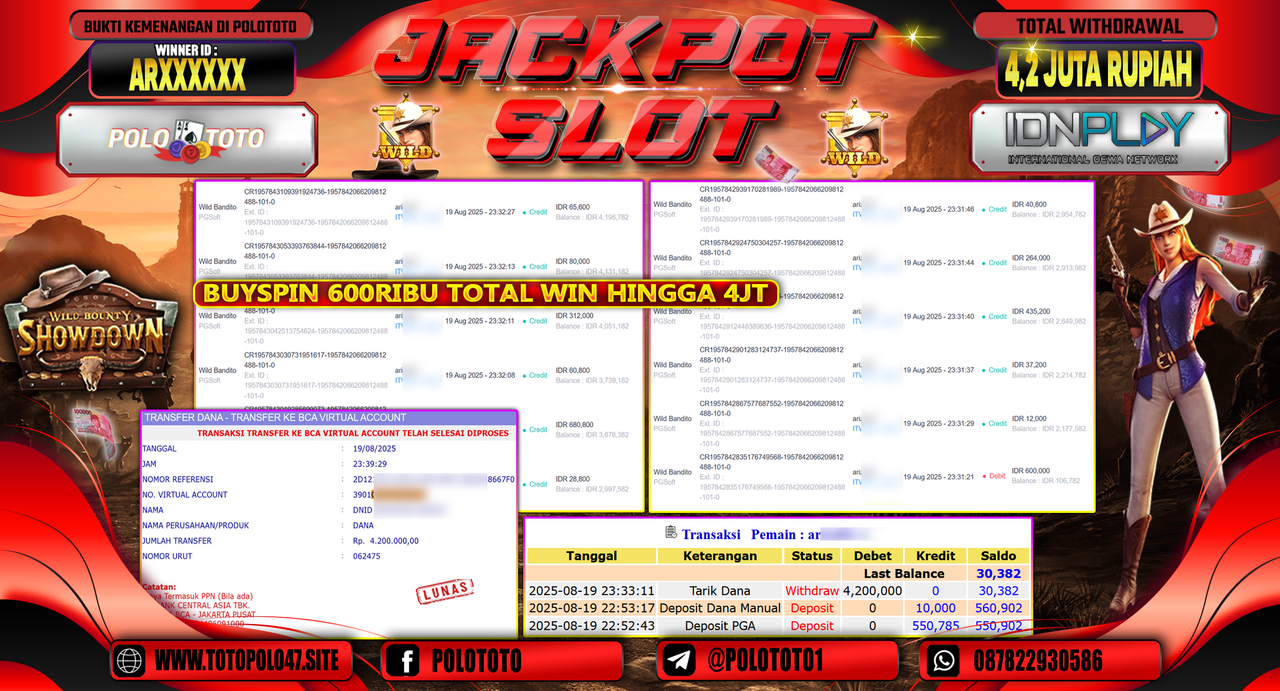 POLOTOTO JACKPOT SLOT WILD BANDITO Rp.4.200.000,-
