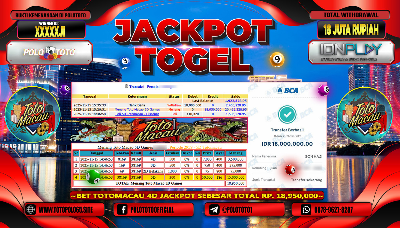 POLOTOTO JACKPOT TOGEL TOTO MACAU 5D Rp.18.000.000,- LUNAS