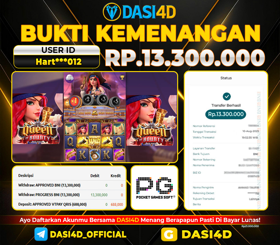 BUKTI KEMENANGAN 10 AGUSTUS 2025 DI QUEEN BOUNTY WD 13.300.000