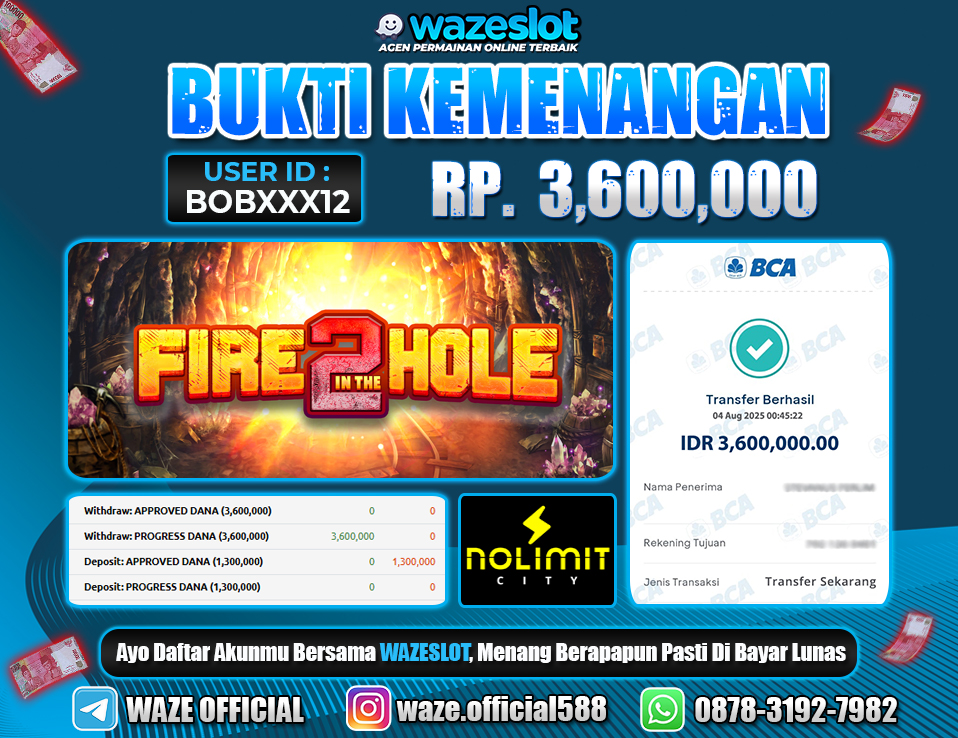 BUKTI KEMENANGAN 4 AGUSTUS 2025 GAME FIRE 2 HOLE ( NOLIMIT CITY )
