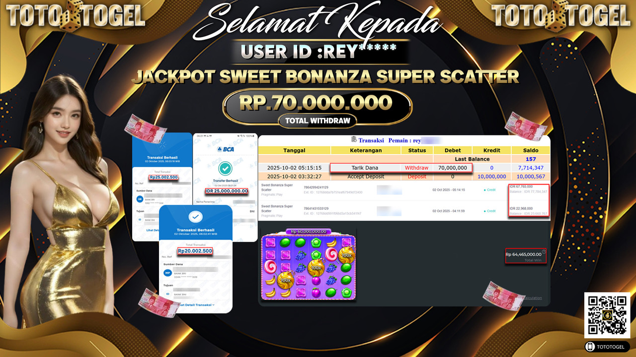 Bukti Pembayaran Jackpot Permainan Slot Sweet Bonanza Super Scatter ID:REY*** LUNAS