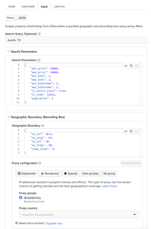 Apify console showing Zillow Scraper with proxy configuration