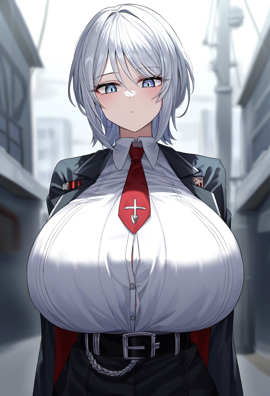 depth of field, 1girl, faust (limbus company), short hair, white hair, {{giganti s-1968440394