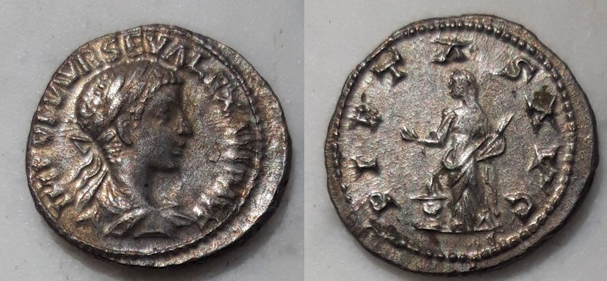 Denario de Alejandro Severo. PIETAS AVG. Piedad a izq. Antioquía (10 Pfennig dedit) Seva