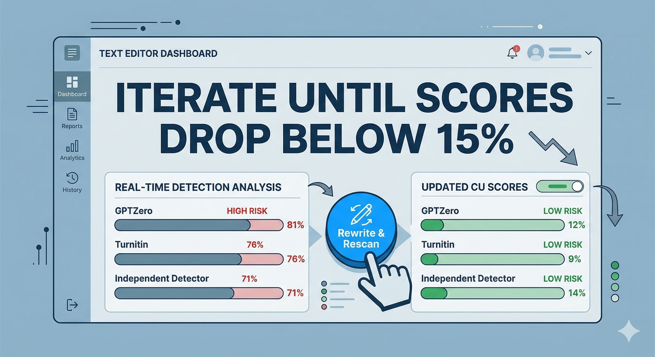 AI detection dashboard showing GPTZero, Turnitin, and Independent Detector score bars dropping to below 15% after Rewrite and Rescan